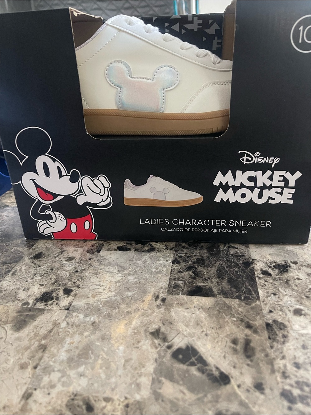 Disney Ladies White Sneakers with Iridescent Mickey Accent and Tan Sole